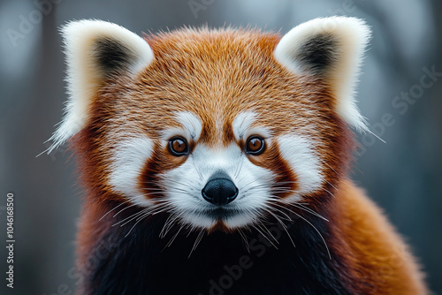 Close-up of a red panda's reddish-brown fur, with distinctive white markings. photo