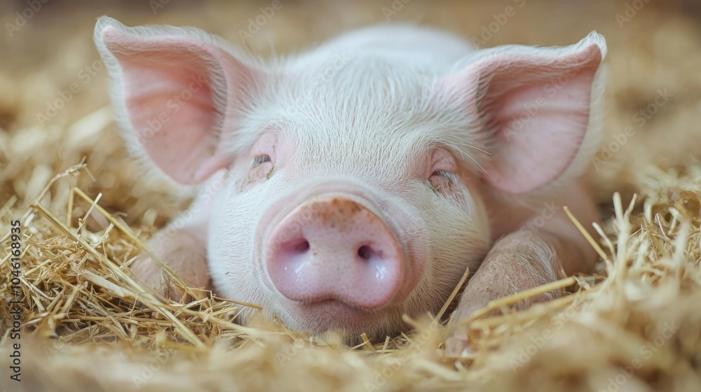 Sweet Piglet - Piglet with a pink snout resting on hay Sweet Piglet - Piglet with a pink snout resting on hay