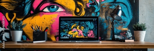 A sleek laptop sits on a wooden desk, surrounded by plants, illuminated by a stylish lamp against a colorful mural backdrop. Generative AI photo