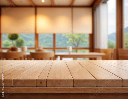 Empty wooden table blurred background interior japanese restaurant photo