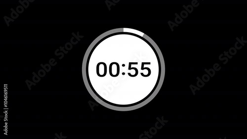 One minute countdown timer animation from 60 seconds to 0 seconds with alpha channel , 1 minute countdown timer on a transparent background. photo