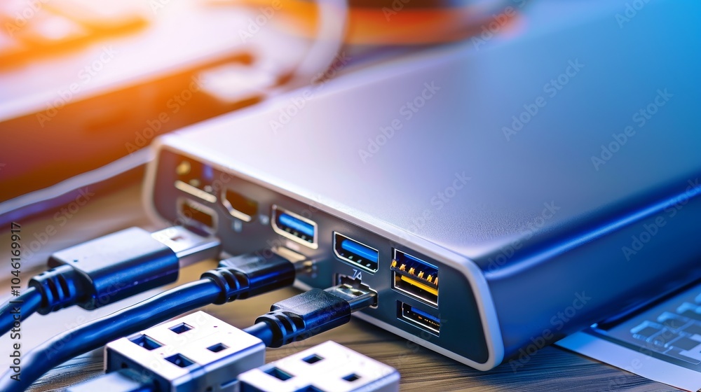 Sleek USB hub with multiple ports connected to various devices, showcasing modern design and functionality in a tech-focused setup. Sleek USB hub with multiple ports connected to various devices, showcasing modern design and functionality in a tech-focused setup.