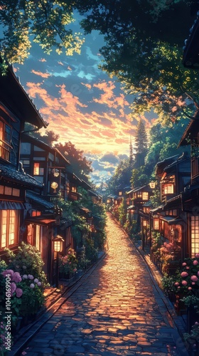 evening scene of a picturesque tokyo neighborhood with charming houses lining the street illustrated in a cozy anime art style evoking a sense of warmth and comfort