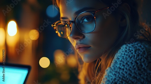 Young Woman with Glasses in a Cozy Evening Atmosphere