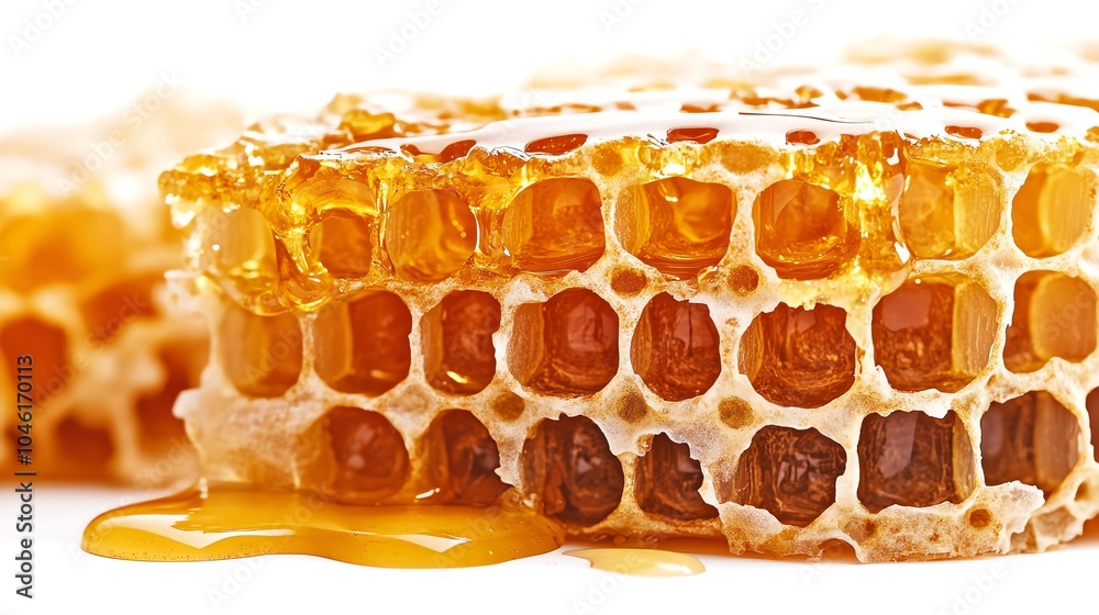 Honeycomb dripping with golden honey, white isolated background.