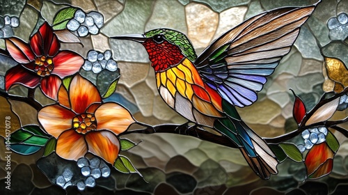 Stained glass artwork depicting a vibrant hummingbird perched near flowers, showcasing intricate patterns and vivid colors.