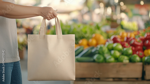 A person holds a reusable bag at a vibrant farmers market, with fresh produce like peppers and zucchini in the background, ready for eco-friendly shopping. photo