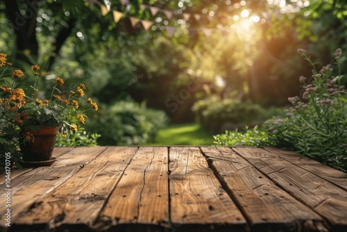 Wooden Table in Garden with Party Decorations