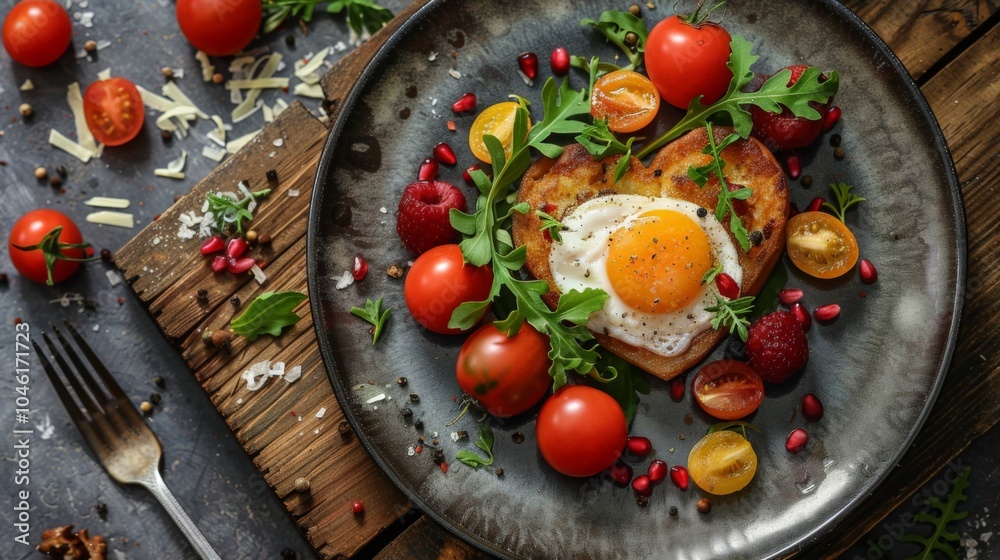 A plate of food with a heart shape on it, including an egg, tomatoes A plate of food with a heart shape on it, including an egg, tomatoes