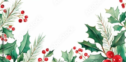 Christmas holly and pine branches with red berries on a festive white background, perfect for seasonal cards and designs Beautiful greenery with holiday spirit elements
