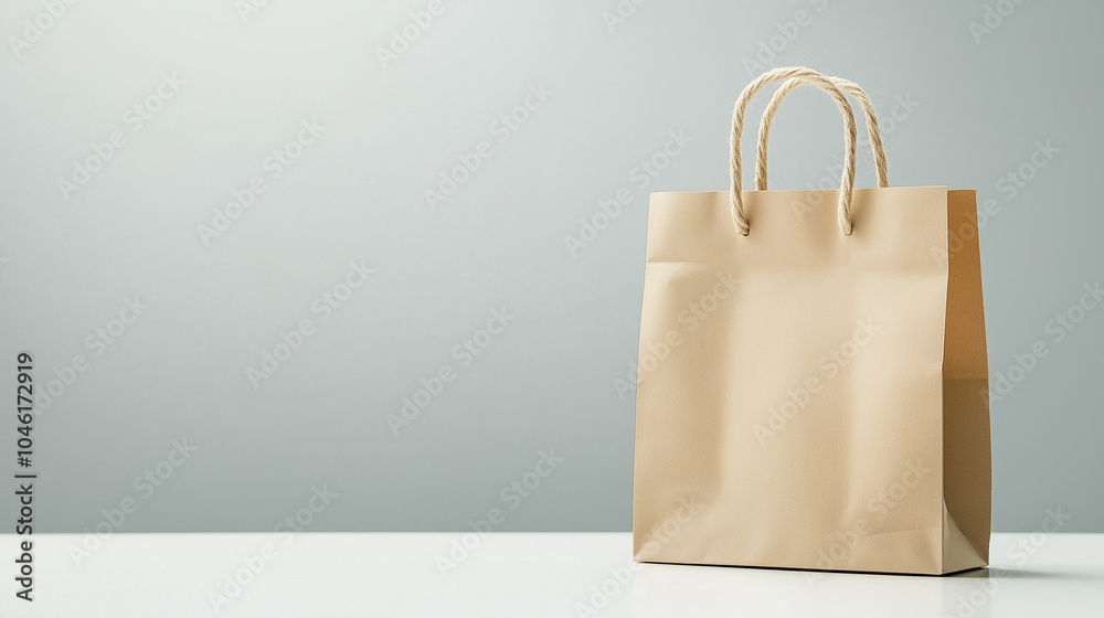 A brown paper shopping bag is placed on a white table,emphasizing its minimalist style and suitability for various uses,from retail to gifts,copy space A brown paper shopping bag is placed on a white table,emphasizing its minimalist style and suitability for various uses,from retail to gifts,copy space