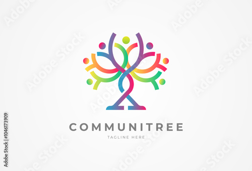 People logo design. Community human  human form a tree with with the up arrow below combination as a symbol of growth. people logo design template. vector illustration