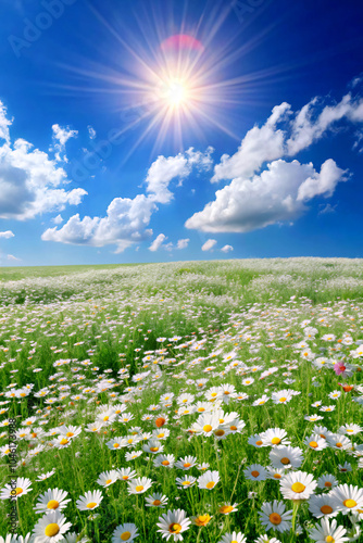 Wallpaper Mural field of daisies. field, flower, meadow, sky, landscape, nature, summer, spring, grass, blue, flowers, plant, flora, bloom, blossom, cloud, countryside, season, clouds, wild, country, pink, daisy, far Torontodigital.ca