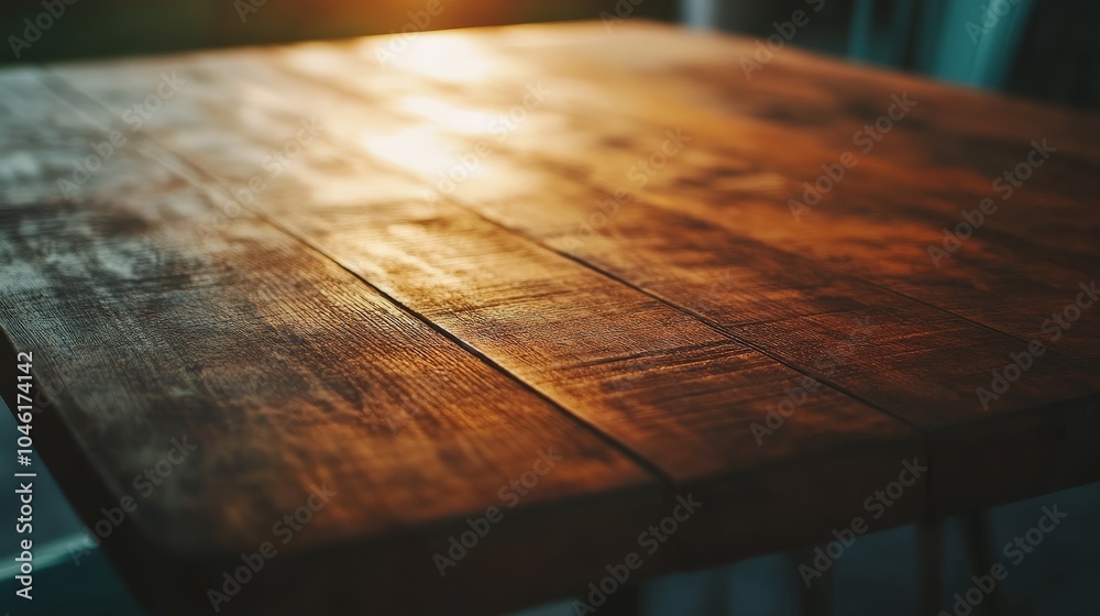 A close-up of the slightly dark wooden table surface showcases the beautiful natural wood grain, bathed in warm afternoon natural light. Looking down at the desktop from above and angle, A close-up of the slightly dark wooden table surface showcases the beautiful natural wood grain, bathed in warm afternoon natural light. Looking down at the desktop from above and angle,