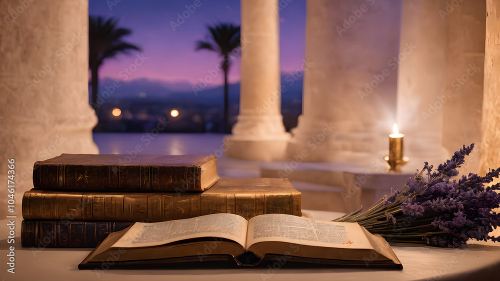 A Serene Evening with Ancient Texts The Tranquil Beauty of Books and Candlelight Against a Dusk Sky