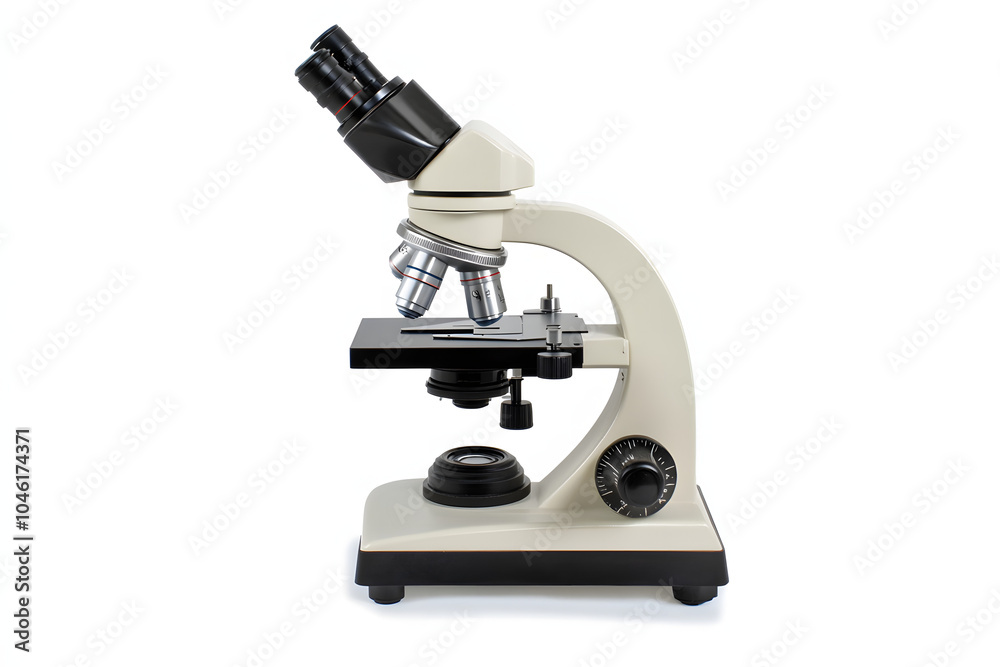 A high-tech laboratory microscope centered on a plain white background. Clean, sharp focus with space for promotional use in science-related campaigns. --ar 3:2 --c 20 A high-tech laboratory microscope centered on a plain white background. Clean, sharp focus with space for promotional use in science-related campaigns. --ar 3:2 --c 20