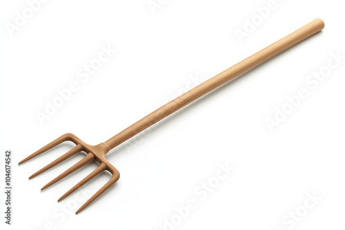 A clean and simple pitchfork with a wooden handle, isolated on a white background. Ideal for farming, ranching, or agricultural-related visuals. photo