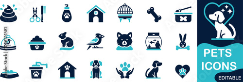 Pets icon set Solid flat vector icons collection