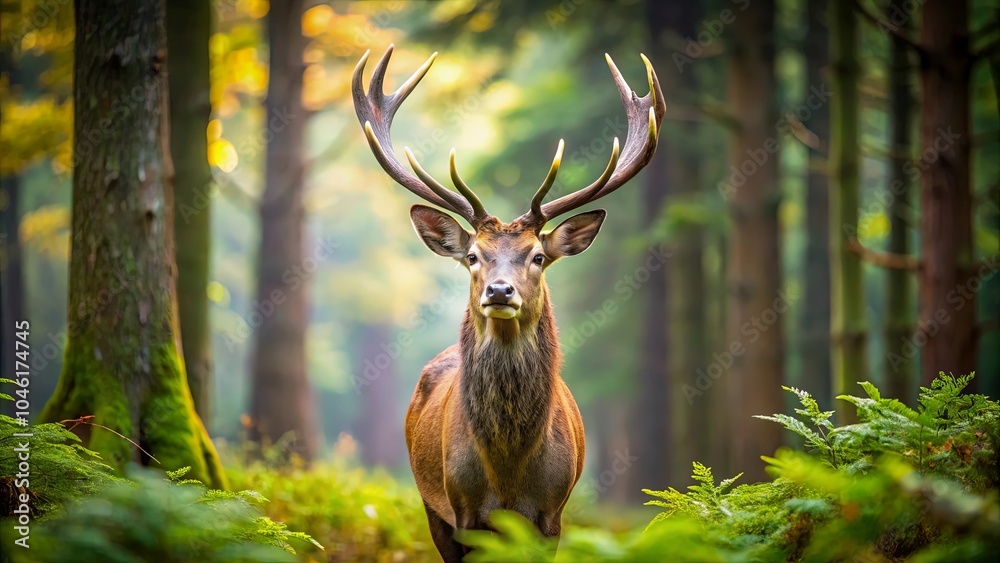 Naklejka premium A Majestic Red Deer Stands Proudly Among the Lush Green Ferns in a Sun-Dappled Forest