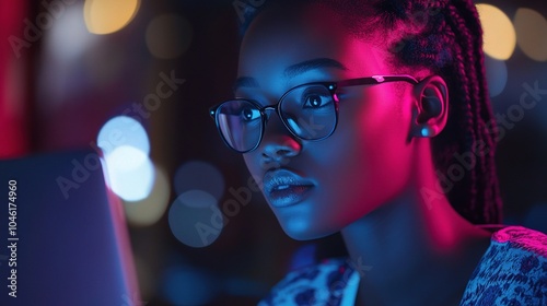 Thoughtful girl working on laptop in colorful light