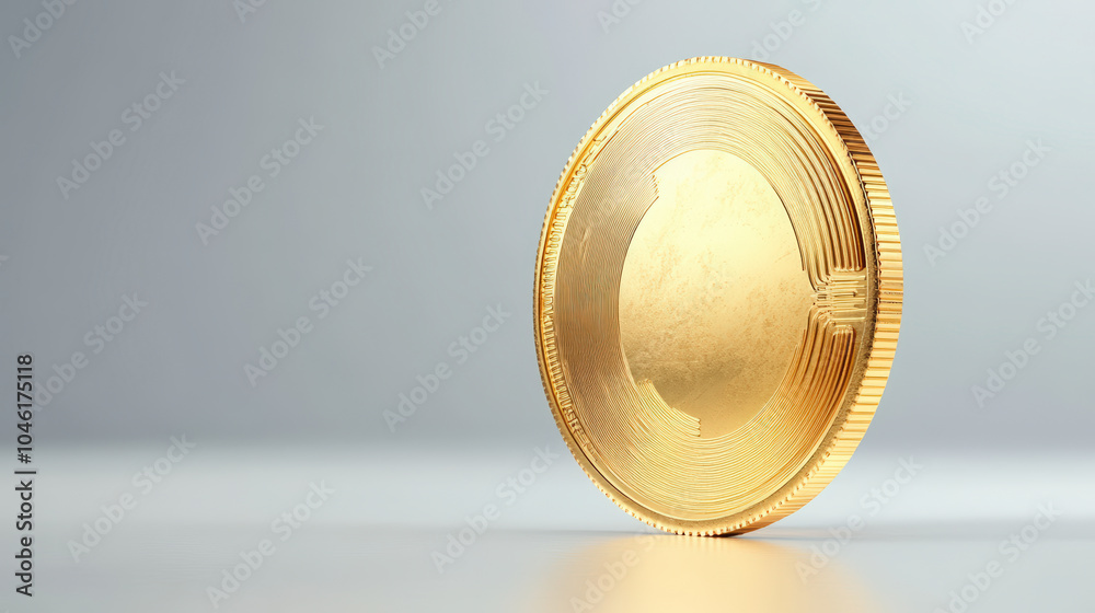 A single gold-colored coin stands upright on a smooth surface against a neutral background, highlighting its shiny, textured design and fine edge details. A single gold-colored coin stands upright on a smooth surface against a neutral background, highlighting its shiny, textured design and fine edge details.