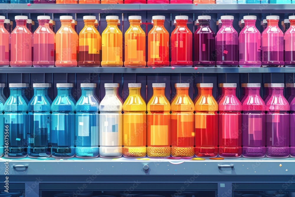 A colorful array of glass bottles filled with different liquids on shelves in a supermarket. A colorful array of glass bottles filled with different liquids on shelves in a supermarket.