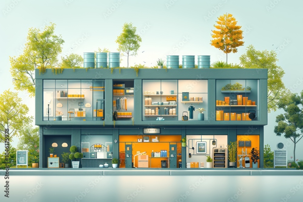 A modern storefront with multiple businesses, featuring green roofs, and a variety of merchandise. A modern storefront with multiple businesses, featuring green roofs, and a variety of merchandise.
