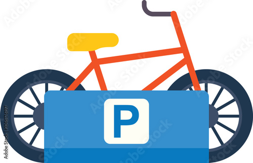 Red bicycle is shown parked in a designated parking area, promoting cycling infrastructure and urban mobility