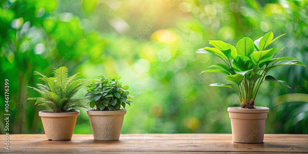 A trio of potted plants basking in the warm glow of sunlight, their vibrant green foliage reaching towards the sun, a symbol of nature's resilience and the beauty of a flourishing life.