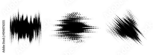 Glitch halftone line element set. Dotted texture diagonal form collection. Grunge jagged comic pop art shapes for banner, poster, collage, overlay, label, box, blot. Vector distressed blob bundle