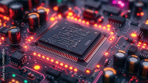 A close-up shot of a computer processor chip with glowing red lights on a circuit board.