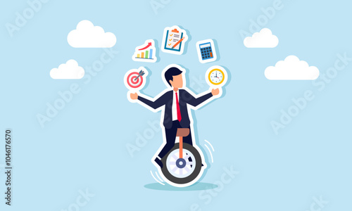 A businessman rides a unicycle while juggling items about business management, illustration of stability in applying effective and efficient business management