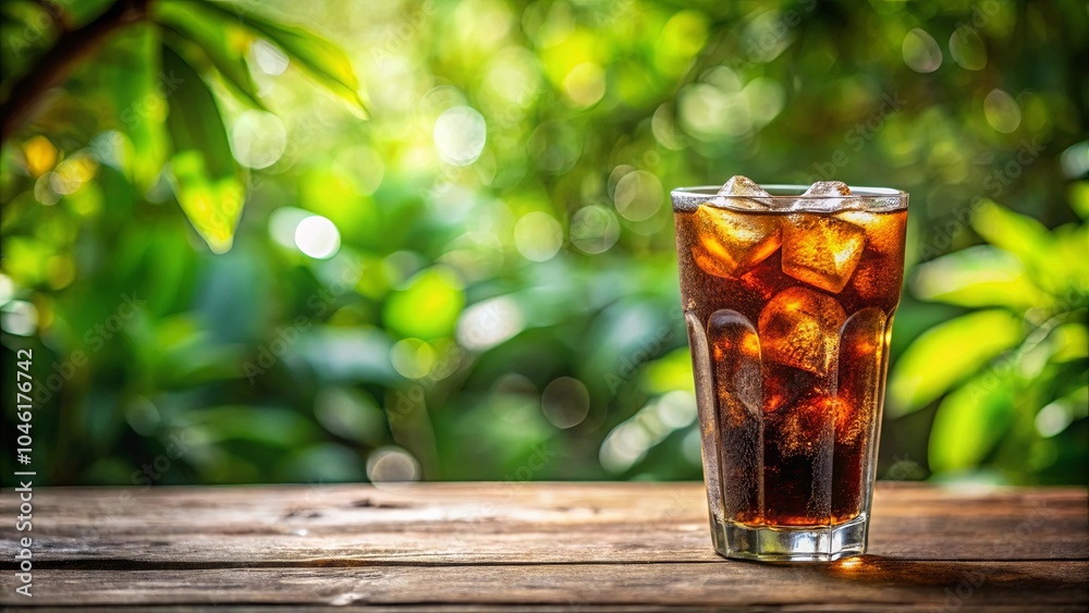 A Refreshing Glass of Iced Beverage on a Rustic Wooden Table with a Blurred Background of Lush Greenery A Refreshing Glass of Iced Beverage on a Rustic Wooden Table with a Blurred Background of Lush Greenery