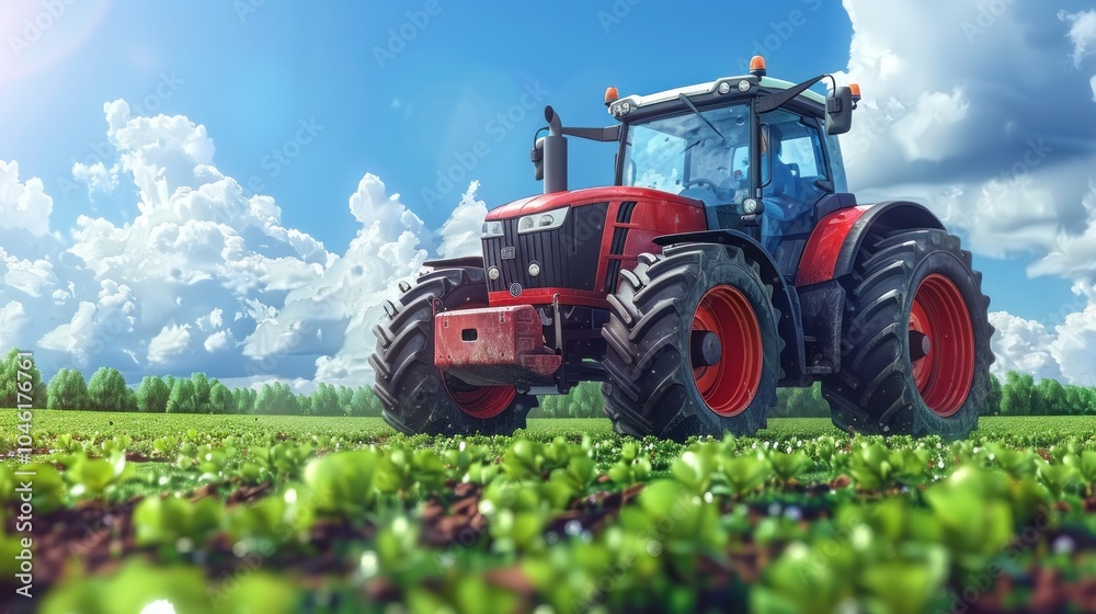 Obraz premium Red tractor driving through a field of green crops on a sunny day.