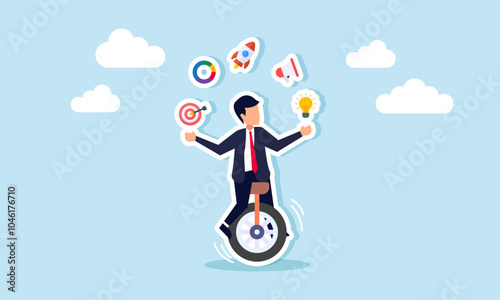 A businessman rides a unicycle while juggling items about marketing management, illustration of stability in applying effective and efficient marketing and promotion management