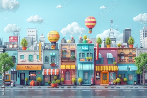 Colorful cartoon city street with buildings and shops, hot air balloons in the sky.