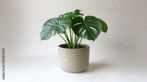 Monstera plant in a sleek grey flowerpot against a clean white background, showcasing the tropical leaves and minimalist aesthetic perfect for modern interior decor or botanical themes.