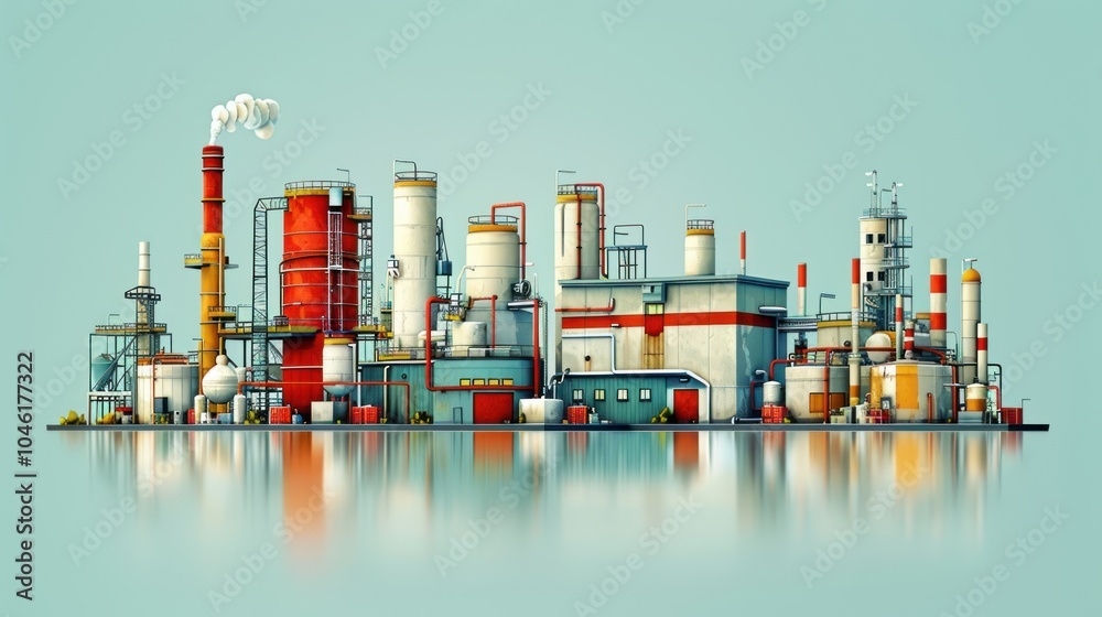 Obraz premium A 3D illustration of a factory complex with various buildings, pipes, and smokestacks.