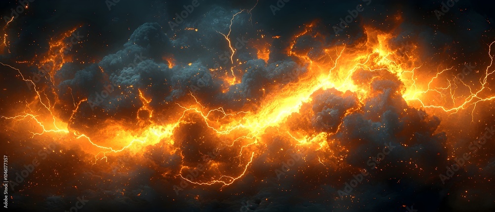 An intense, dramatic scene featuring dark clouds illuminated by vibrant orange and yellow lightning strikes, creating an atmosphere of power and energy. An intense, dramatic scene featuring dark clouds illuminated by vibrant orange and yellow lightning strikes, creating an atmosphere of power and energy.