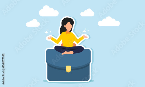 A businesswoman meditating on a briefcase, illustration of calmness in completing business projects