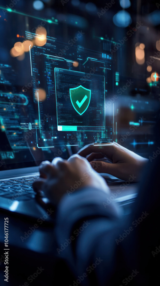 Fototapeta premium A person is typing on a laptop with a green check mark on the screen. Concept of security and trust, as the check mark is often associated with a safe or secure environment