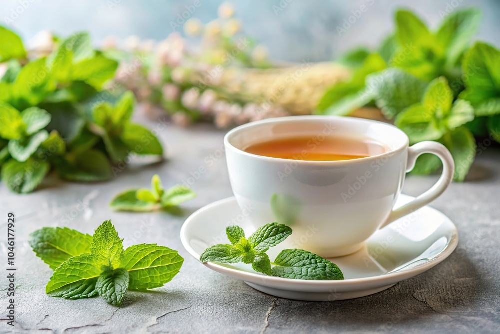 White cup and saucer of mint tea with mint leaves and flowers in the background
