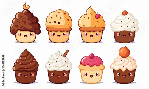 Set of cute pastry characters in trendy Kawaii style on transparent background