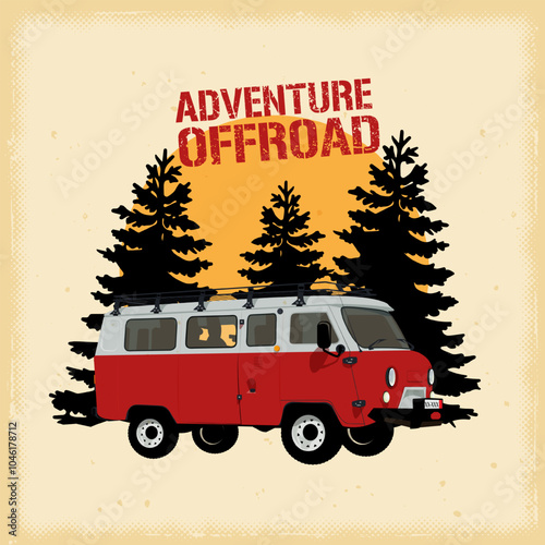 Adventure Off Road Extreme adventure offroad high detailed vector Tshirt print on isolated background. Logos, posters, stickers, and T-shirt. legendary car of the Soviet industry. uaz buhanka loaf