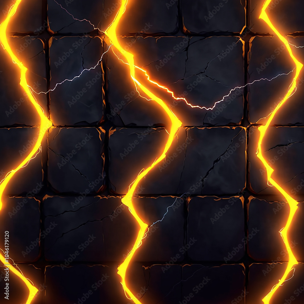 A dark stone wall with cracked, rectangular tiles. Glowing orange veins of lava run through the cracks, with a faint light emanating from the cracks. A dark stone wall with cracked, rectangular tiles. Glowing orange veins of lava run through the cracks, with a faint light emanating from the cracks.