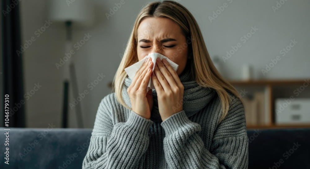 Young Woman Feeling Unwell Blowing Nose with Tissue at Home Young Woman Feeling Unwell Blowing Nose with Tissue at Home