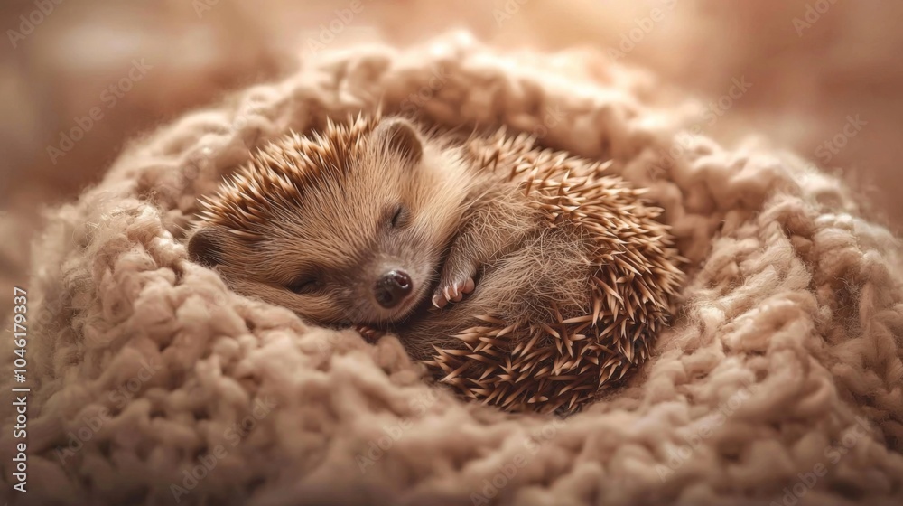 Tiny Hedgehog - Hedgehog curled up in a ball on a soft blanket Tiny Hedgehog - Hedgehog curled up in a ball on a soft blanket