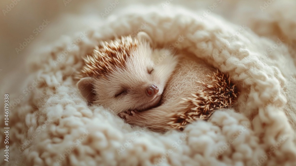 Tiny Hedgehog - Hedgehog curled up in a ball on a soft blanket Tiny Hedgehog - Hedgehog curled up in a ball on a soft blanket