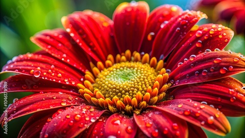 A crimson flower, bedecked with dew, unfolds its petals to reveal a symphony of textures and colors in the heart of its bloom. photo