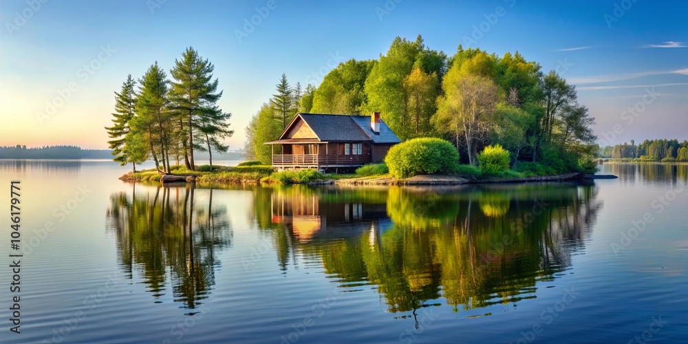 Fototapeta premium A serene lakeside cabin nestled amongst lush greenery with a breathtaking reflection on the tranquil water